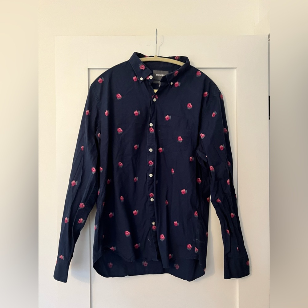 Bonobos button down dress shirt, slim fit L, blue with pink flowers (men’s)
